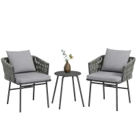 Outsunny 3-teiliges Außenmöbel-Set, 2 Stühle, 1 Tisch, Bistro-Set, Kunst-Rattan, Stahlrahmen, Metalltisch, 4 Kissen, Grau(m-12)