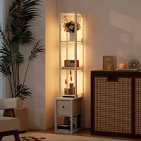 HOMCOM Lámpara de Pie Moderna con Estantes Abiertos Cajón de Tela e Interruptor de Pie para Dormitorio Sala de Estar Blanco(m-10)