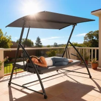 Outsunny Outdoor 2-in-1 Swing Chair Lounger 3 Seater Garden Swing Seat Bed Convertible Tilt Canopy W/ Cushion, Dark Grey(m-10)
