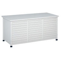 Outsunny Baule da Esterno in Legno di Abete con Base Rialzato e Coperchio, Cassapanca Contenitore da Esterno Impermeabile, 127x56x60 cm, Bianco