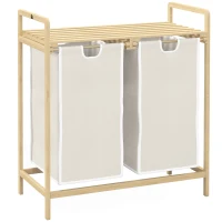 HOMCOM Panier à linge en bambou 2 paniers amovibles et coulissants en non-tissé 63,5 x 33 x 73 cm crème(m-11)
