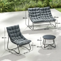 Outsunny 4-Sitzer Gartenmöbel-Set, 2 Stühle, 1 Doppel-Sofa, 1 Tisch, dicke Kissen, Stahlrahmen, für Terrasse, Grau(m-3)