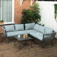 Outsunny Set da Giardino 4 Pezzi in Rattan con Tavolino da Caffè, 2 Divani ad Angolo e Poltroncina, Nero Grigio e Blu(m-10)