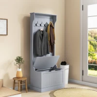 HOMCOM Mobile Appendiabiti 3 in 1 con 4 Ganci e Panca Contenitore, in Legno, 71.5x39.5x170 cm, Grigio(m-10)