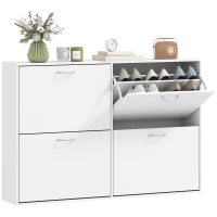 HOMCOM Mueble Zapatero Blanco Zapatero Moderno con 4 Cajones Abatibles para 16-24 Pares de Zapatos para Pasillo 120x24x81 cm(m-1)