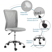 Vinsetto Sedia da Ufficio Ergonomica Senza Braccioli in Tessuto a Rete, Altezza Regolabile e 5 Ruote, Grigio(m-4)