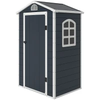 Outsunny Gerätehaus 1,1m², Geräteschuppen mit Satteldach, 134 x 104 x 204 cm, Kunststoff Gartenchuppen mit Abschließbar Tür Belüftungsöffnung Fenster, Gartenhaus für Garten Dunkelgrau(m-12)