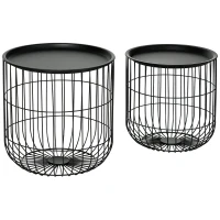 HOMCOM Set 2 măsuțe de living rotunde suprapozabile din oțel cu spațiu de depozitare, negru(m-12)