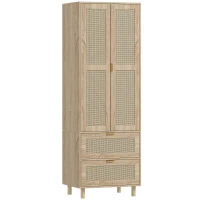 HOMCOM Armoire chambre penderie avec 2 portes en rotin, 2 tiroirs et barre de suspension, 63 x 47 x 185 cm, bois naturel(m-1)