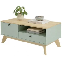 HOMCOM Table basse de salon, table d'appoint rectangulaire avec tiroir, porte et compartiment ouvert, vert clair et chêne(m-13)