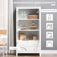 HOMCOM Vitrina de Salón Aparador de Cocina con 2 Puertas de Vidrio 3 Estantes 2 Cajones para Comedor Oficina 80x40x160cm Blanco(m-4)