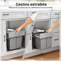HOMCOM Pattumiera Estraibile Sottolavello da 31L con 3 Secchi Rimovibili e Piano Superiore, Grigio Chiaro(m-4)
