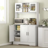 HOMCOM Servantă de Bucătărie înaltă de 180 cm, Dulap Dispensa cu 4 Dulapuri, Uși din Sticlă Securizată, 2 Rafturi Deschise, Rafturi Reglabile, Blat pentru Cuptorul cu Microunde, pentru Sala de Prânz sau Living, Alb(m-2)