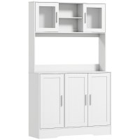 HOMCOM Servantă de Bucătărie înaltă de 180 cm, Dulap Dispensa cu 4 Dulapuri, Uși din Sticlă Securizată, 2 Rafturi Deschise, Rafturi Reglabile, Blat pentru Cuptorul cu Microunde, pentru Sala de Prânz sau Living, Alb