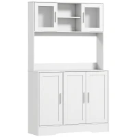 HOMCOM Servantă de Bucătărie înaltă de 180 cm, Dulap Dispensa cu 4 Dulapuri, Uși din Sticlă Securizată, 2 Rafturi Deschise, Rafturi Reglabile, Blat pentru Cuptorul cu Microunde, pentru Sala de Prânz sau Living, Alb(m-1)