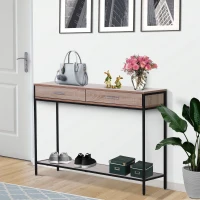 HOMCOM Console Table Worktop Bottom Shelf Home Two Drawer Industrial Minimal Style Oak Wood Tone Effect(m-2)