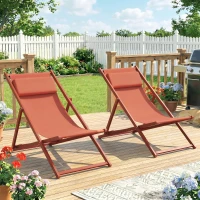 Outsunny Lot de 2 bain de soleil, chaise longue pliante avec appuie-tête en textilène inclinable 60 x 100 x 85 cm, rouge brique(m-2)