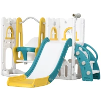 AIYAPLAY 6-in-1 Swing and Slide Set, Kids Playground with Basketball Hoop, Telescope, Storage Space - Yellow(m-1)