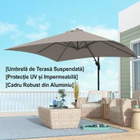 Outsunny Umbrelă de soare 3x3 m suspendată cu 8 spițe, pedală și manivelă, din aluminiu și poliester, culoare kaki(m-8)