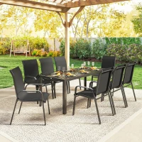 Outsunny Set da Esterno 9pz con 8 Sedie Impilabili in Texteline e Tavolino da Caffè con Piano in Vetro, Nero(m-7)
