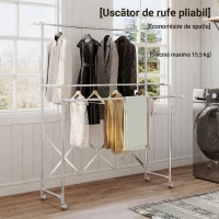 HOMCOM Uscător de Rufe Pliabil cu 3 Bare Reglabile, Roți Rotative și Cadru din Oțel Inoxidabil, Argintiu(m-8)