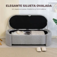 HOMCOM Puff Almacenaje Banco Almacenaje Ovalado 129x48,5x44 cm Tapizado en Terciopelo de Teddy Carga 200 kg Gris Claro(m-6)