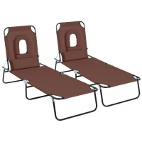 Outsunny Lot de 2 Bains de Soleil Pliable transat inclinable 4 Positions Chaise Longue de Lecture 3 Coussins fournis Marron(m-1)