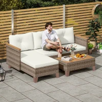 Outsunny Salotto da Giardino in Rattan PE con Divano 2 Posti, Chaise Longue e Tavolino da Caffè, Crema(m-2)