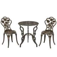 Outsunny Garden Bistro Set with Umbrella Hole, 3 Piece Cast Aluminium Garden Furniture Set, Antique Floral Round Coffee Table and Chairs, Small Balcony Furniture for Outdoor, Patio, Brown Tone(m-1)