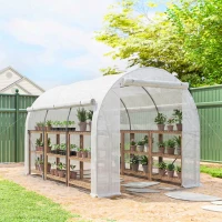 Outsunny Serre de jardin 6 m² dim. 3 x 2 m avec 1 porte + 2 parois latérales zippées enroulables, 6 fenêtres, Blanc(m-10)