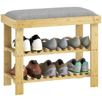 HOMCOM Banc à chaussures en bambou, étagère à chaussures à 3 niveaux, style scandinave, 60 x 29 x 49 cm, gris et bois naturel(m-11)