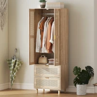 HOMCOM Armoire chambre penderie avec 2 portes en rotin, 2 tiroirs et barre de suspension, 63 x 47 x 185 cm, bois naturel(m-10)