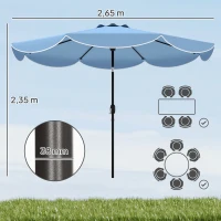 Outsunny Sonnenschirm rund Balkonschirm Strandschirm mit 3-facher Neigung Kurbel 8 Streben Ø265 x 235H cm Himmelblau(m-3)