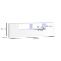 HOMCOM Móvel de TV Banco de TV Móvel para Televisão até 152,4 cm com Luzes LED 2 Prateleiras e Armários Painel de Porta Brilhante 137x35x42 cm Branco(m-3)