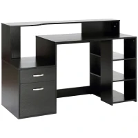 HOMCOM Secretária para computador com 2 gavetas, secretária com arrumação, 137 x 55 x 92 cm, prateleiras abertas e bandeja para impressora, estilo moderno, mesa para computador para quarto, estúdio, preto(m-1)