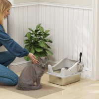 PawHut Bac à litière en acier inoxydable, maison de toilette pour chat, bords hauts, nettoyage facile, 43,1x33,2x25,4cm, gris(m-2)