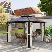 Outsunny 3 x 3(m) Hardtop Gazebo Canopy with UPF30+ Double Polycarbonate Roof, Aluminium Frame Garden Gazebo Permanent Pavilion with Mosquito Netting and Curtains for Patio, Deck, Beige(m-10)