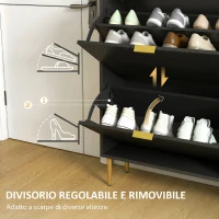 HOMCOM Scarpiera Slim per 12 Paia di Scarpe con 2 Cassetti a Ribalta e Ripiani Regolabili, 60x24x91.5 cm, Nero(m-6)