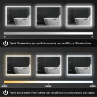 kleankin Specchio Bagno con Luce LED 3 Livelli Rettangolare, Antiappannamento e Interruttore Touch, 90x70cm(m-4)