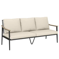 Outsunny Divano da Esterno a 3 Posti  in Rattan con Braccioli Effetto Legno e Schienale, per Veranda, Cortile, Cachi(m-1)