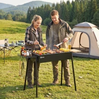 Outsunny Barbacoa de Carbón con 2 Parrillas de Acero Inoxidable Barbacoa Portátil con 2 Especieros para Camping 94x39x70 cm Negro(m-10)