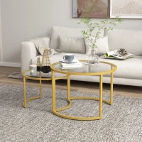 HOMCOM Coffee Table Set of 2, Modern Nest of Tables with Tempered Glass Top, Steel Frame for Living Room, Gold Tone(m-10)