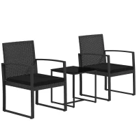 Outsunny Set da Giardino 3 Pezzi con 2 Sedie con Cuscini e Tavolino con Piano in Vetro, Effetto Rattan Nero(m-1)