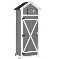 Outsunny Armoire abri de Jardin Remise pour Outils 3 étagères 9 Crochets 2 Porte loquets Toit Pente bitumé Sapin Gris Blanc(m-12)