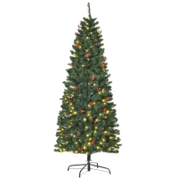HOMCOM 6FT Prelit Artificial Pencil Christmas Tree with Warm White LED Light, Red Berry, Holiday Home Xmas Decoration, Green(m-10)