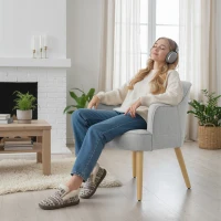 HOMCOM Butaca de Salón Moderna Sillón Tapizado en Lino Sintético Patas de Madera para Dormitorio Oficina 64,5x65x79,5 cm Crema(m-7)