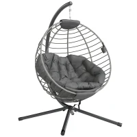 Outsunny PE Rattan Swing Chair, Outdoor Hanging Chair with Metal Stand, Thick Padded Cushion, Foldable Basket and Cup Holder, for Indoor and Outdoor, Grey(m-1)