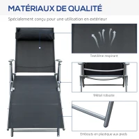 Outsunny transat Chaise Longue Bain de Soleil Pliable Dossier inclinable Multi-Positions têtière fournie 137L x 64l x 101H cm métal époxy textilène Noir(m-7)