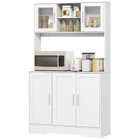 HOMCOM Servantă de Bucătărie înaltă de 180 cm, Dulap Dispensa cu 4 Dulapuri, Uși din Sticlă Securizată, 2 Rafturi Deschise, Rafturi Reglabile, Blat pentru Cuptorul cu Microunde, pentru Sala de Prânz sau Living, Alb(m-12)