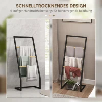 HOMCOM Suport pentru prosoape cu 4 bare din oțel și bambus, 40.5x28x98cm, negru și culoare lemn(m-5)